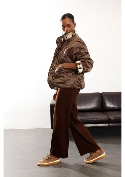 Kahverengi Çift Taraflı Şişme Polar Mont 01304