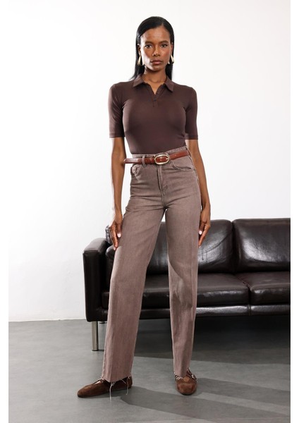 Yıkamalı Kahve Yüksek Bel Straight Jean fiyatları