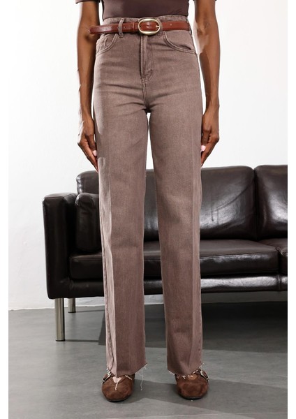 Yıkamalı Kahve Yüksek Bel Straight Jean fırsatları