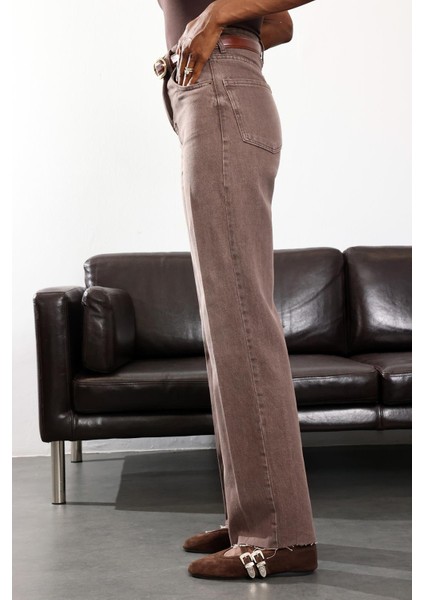 Yıkamalı Kahve Yüksek Bel Straight Jean indirimleri