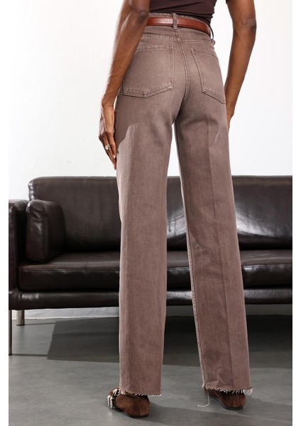 Yıkamalı Kahve Yüksek Bel Straight Jean