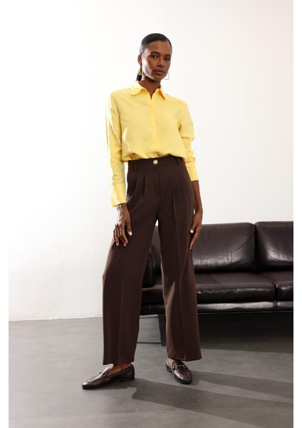 Kahverengi Gold Düğmeli Palazzo Pantolon 4386