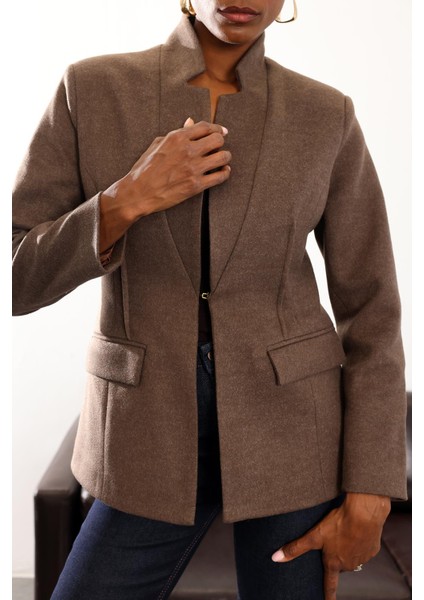 Kahverengi Yün Dokulu Binici Blazer Ceket 358002