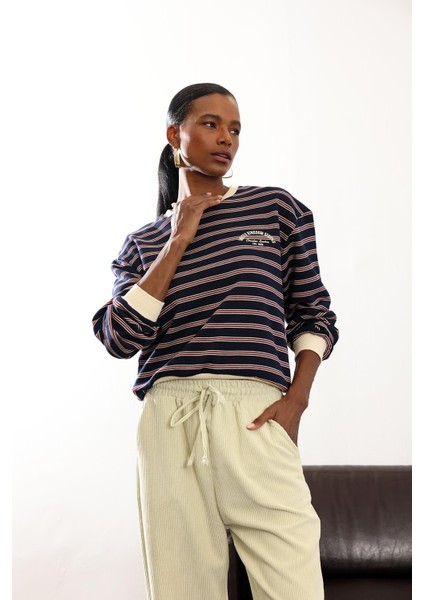 Lacivert Bordo Çizgili Kolej Sweatshirt 01119