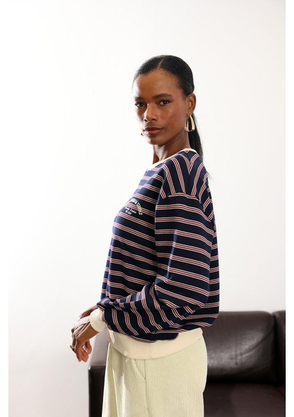 Lacivert Bordo Çizgili Kolej Sweatshirt 01119 indirimleri