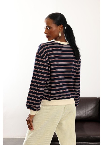 Lacivert Bordo Çizgili Kolej Sweatshirt 01119