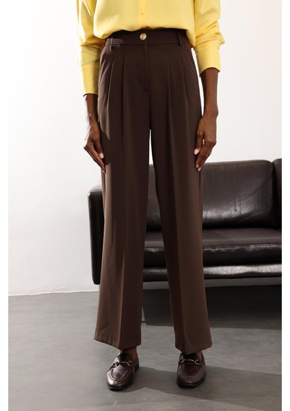 Kahverengi Gold Düğmeli Palazzo Pantolon 4386 modelleri
