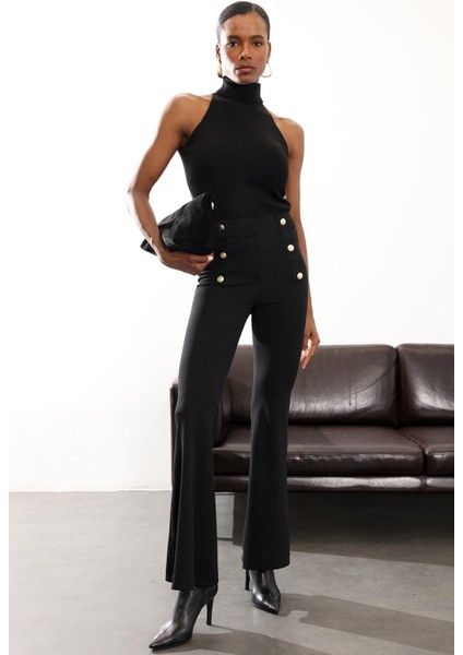 Siyah Likralı Ispanyol Kumaş Pantolon 9027