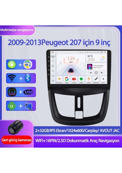 Peugeot 207 2gb Ram 32GB Depolama 9 Inç Wifi Gps Kablosuz Carplay Kamera Multimedya Navigasyon - 2009-2013