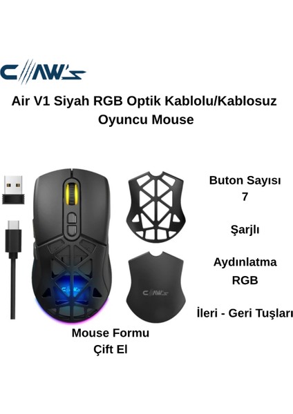 Nexus Air V1 Kablosuz 10000 Dpi Pixart PMW3325 Sensör Değiştirilebilir Kapaklı Rgb Kablosuz Gaming Mouse Siyah