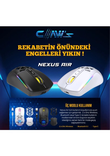 Nexus Air V1 Kablosuz 10000 Dpi Pixart PMW3325 Sensör Değiştirilebilir Kapaklı Rgb Kablosuz Gaming Mouse Siyah