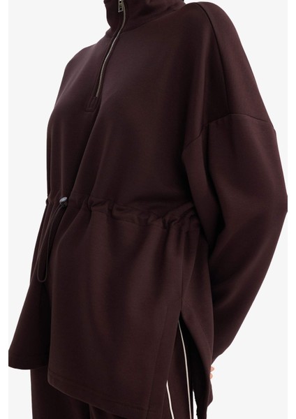 Long Fit Dik Yaka Beli Lastikli Yarım Fermuarlı Modal Sporcu Sweatshirt G4367AX25WN fırsatları