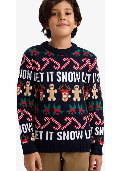 Erkek Çocuk Yılbaşı Temalı Regular Fit Bisiklet Yaka Triko Kazak F9234A825CW