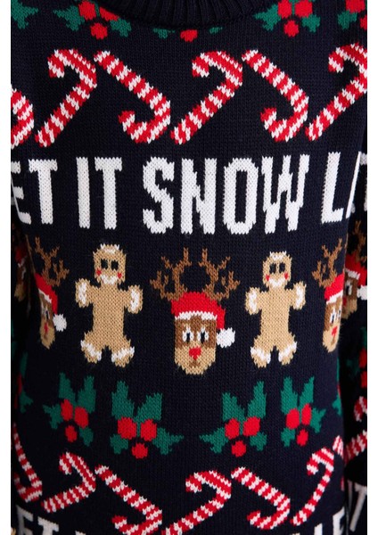 Erkek Çocuk Yılbaşı Temalı Regular Fit Bisiklet Yaka Triko Kazak F9234A825CW fırsatları