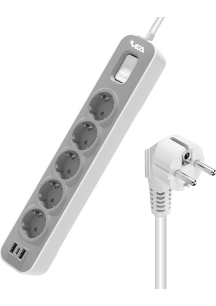 LED A Kalite Priz 3&apos;lü 4&apos;lü ve 5&apos;li 2 USB + 1 Type-C Girişli 16 Max 4000 Watt 5V 2.6 Aç-Kapa Anahtarlı 1.5 Metre Kablolu Akım Koruma Çocuk Koruma Yangın Koruma (5&apos;li)