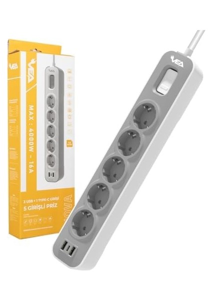 LED A Kalite Priz 3&apos;lü 4&apos;lü ve 5&apos;li 2 USB + 1 Type-C Girişli 16 Max 4000 Watt 5V 2.6 Aç-Kapa Anahtarlı 1.5 Metre Kablolu Akım Koruma Çocuk Koruma Yangın Koruma (5&apos;li) modelleri