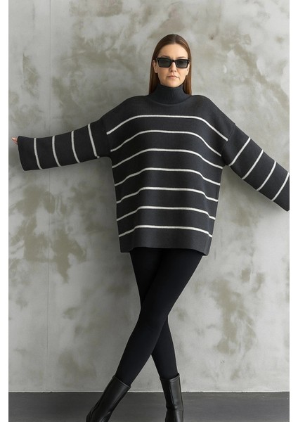 Çizgili Ispanyol Kol Triko Boğazlı Kazak Antrasit Elf fiyatları