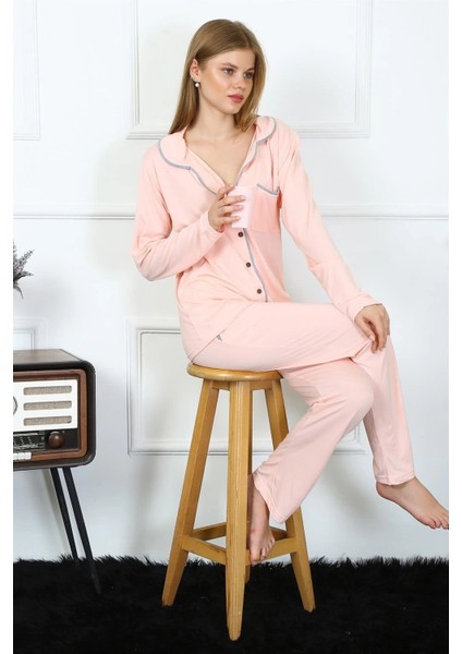 Giyim Kadın Penye Uzun Kol Önden Düğmeli Pijama Takım Pembe fiyatları