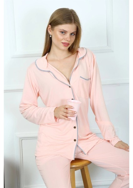 Giyim Kadın Penye Uzun Kol Önden Düğmeli Pijama Takım Pembe fırsatları