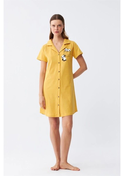 Giyim Kadın Pamuk Penye Kısa Kol Düğmeli Sarı Tunik Gecelik fiyatları