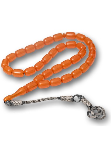 Gümüş Kazaz Püsküllü Kapsül Kesim Turuncu Sıkma Kehribar Tesbih