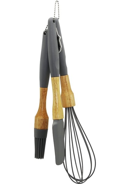 3 Pcs Silikon Çırpıcı - Fırça - Spatula Seti Ahşap Bambu Sap - Silikon Kılıflı (5067)