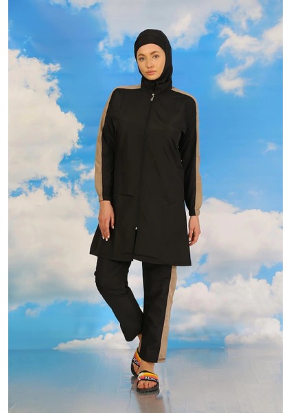 Giyim Kadın Pantolonlu Kolu Şeritli Tam Tesettür Mayo Siyah