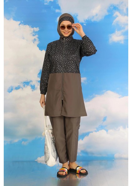 Giyim Kadın Pantolonlu Desenli Tam Tesettür Mayo Füme