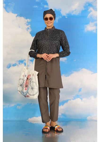 Giyim Kadın Pantolonlu Desenli Tam Tesettür Mayo Füme fiyatları