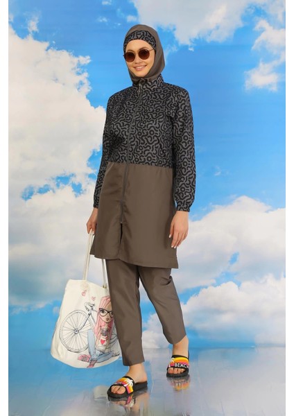 Giyim Kadın Pantolonlu Desenli Tam Tesettür Mayo Füme fırsatları