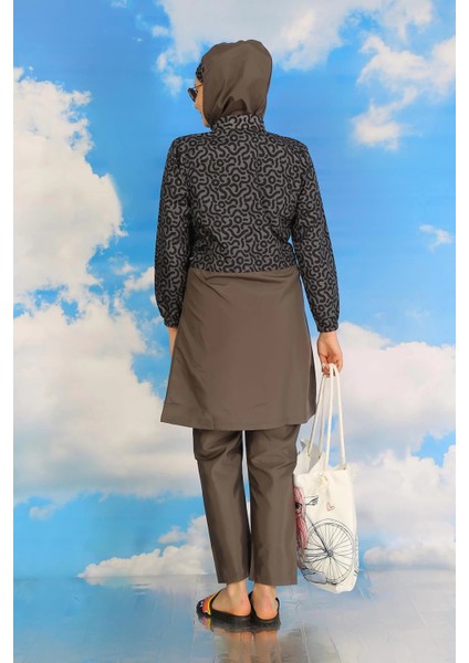 Giyim Kadın Pantolonlu Desenli Tam Tesettür Mayo Füme indirimleri