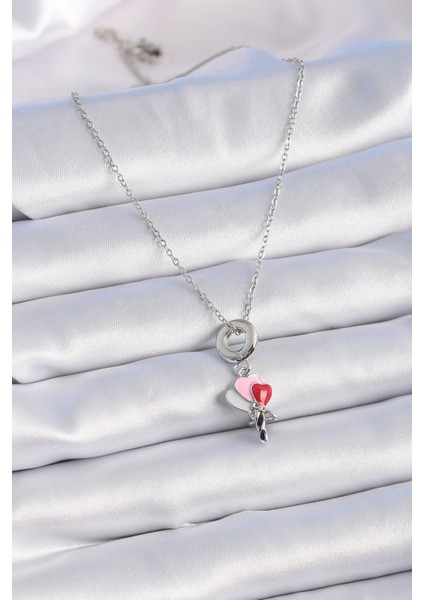 316L Çelik Gümüş Renk Renkli Kalp Figür Charm Model Kadın Kolye - TJ-BKO9319