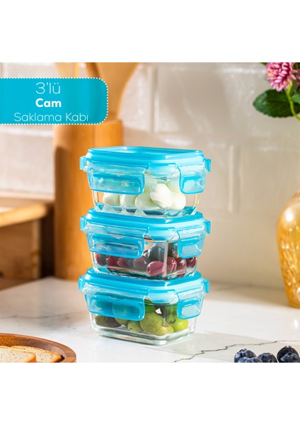 4376 3lü Kilitli Sızdırmaz Kapaklı Yiyecek Erzak Saklama Kabı Seti - Cam Saklama Kabı - 150ML Mavi
