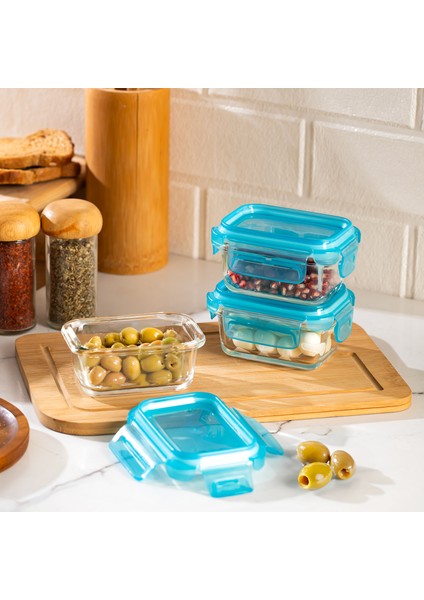 4376 3lü Kilitli Sızdırmaz Kapaklı Yiyecek Erzak Saklama Kabı Seti - Cam Saklama Kabı - 150ML Mavi modelleri