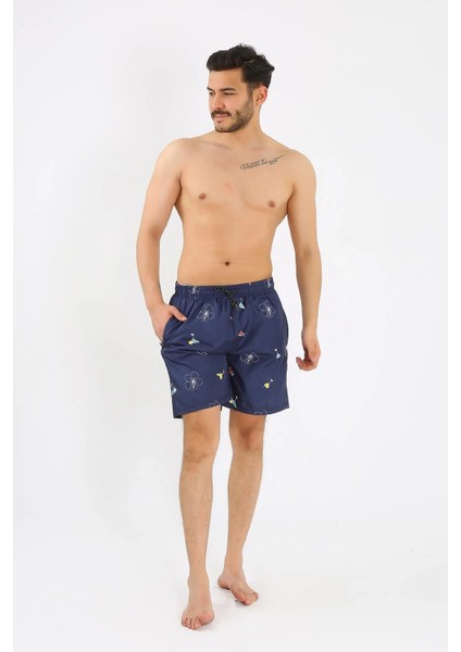 Giyim Erkek Desenli Fermuar Cepli Deniz Şortu Lacivert