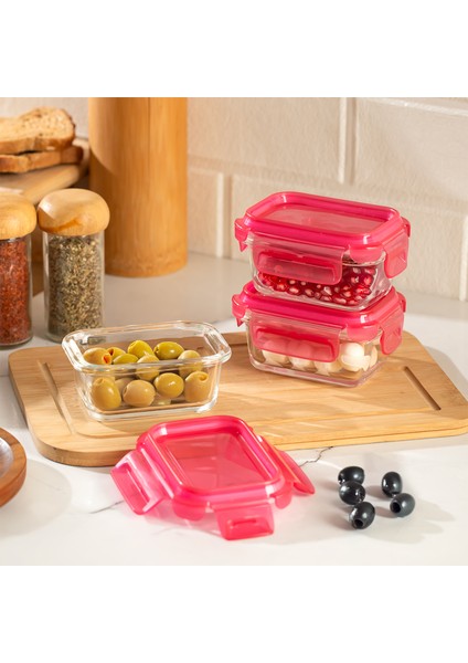 4374 3lü Kilitli Sızdırmaz Kapaklı Yiyecek Erzak Saklama Kabı Seti - Cam Saklama Kabı - 150ML Pembe fiyatları