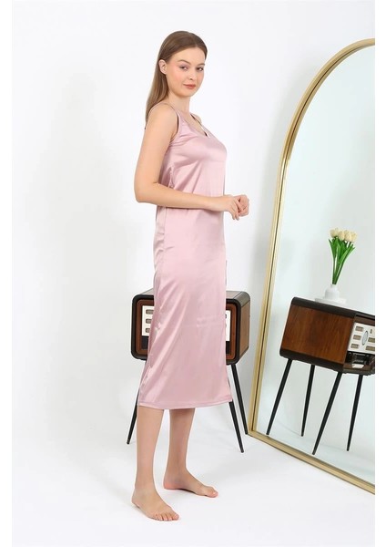 Giyim Yırtmaçlı Uzun Saten Gecelik Pudra modelleri