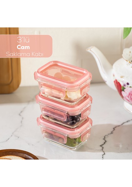 4375 3lü Kilitli Sızdırmaz Kapaklı Yiyecek Erzak Saklama Kabı Seti - Cam Saklama Kabı - 150ML Pudra