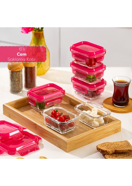 4374 6lı Sızdırmaz Kilit Kapaklı Yiyecek Erzak Saklama Kabı Seti - Cam Saklama Kabı - 150ML Pembe