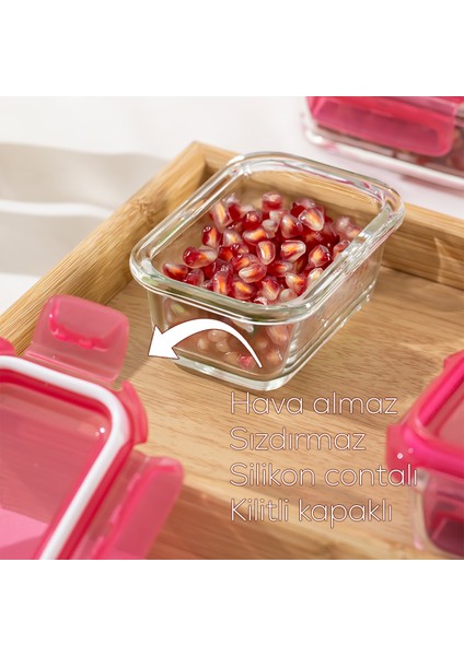 4374 6lı Sızdırmaz Kilit Kapaklı Yiyecek Erzak Saklama Kabı Seti - Cam Saklama Kabı - 150ML Pembe modelleri
