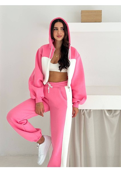 Kadın Üç Iplik %100 Pamuk Oversize Eşofman Takımı - Şardonlu Korse ve Şerit Detaylı Rahat Kesim