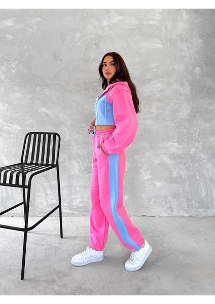 Kadın Üç Iplik %100 Pamuk Oversize Eşofman Takımı - Şardonlu Korse ve Şerit Detaylı Rahat Kesim