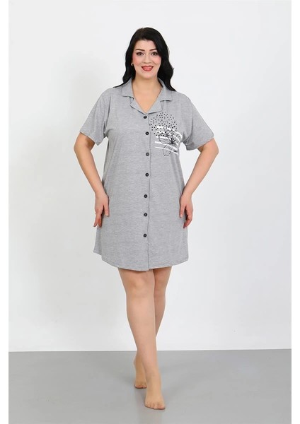 Giyim Büyük Beden Penye Düğmeli Gri Tunik Gecelik