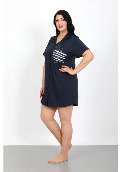 Giyim Büyük Beden Penye Düğmeli Lacivert Tunik Gecelik modelleri