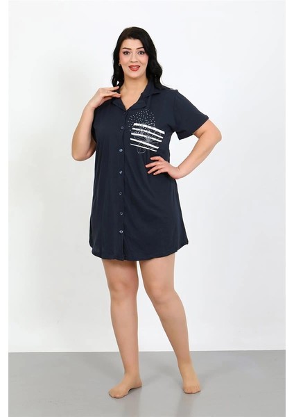 Giyim Büyük Beden Penye Düğmeli Lacivert Tunik Gecelik indirimleri