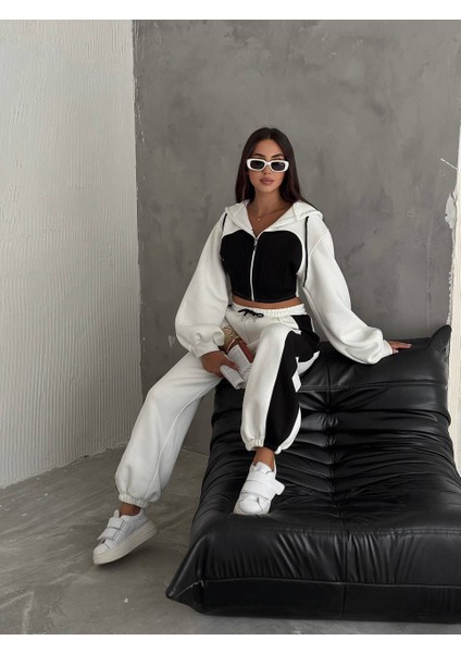 Kadın Üç Iplik %100 Pamuk Oversize Eşofman Takımı - Şardonlu Korse ve Şerit Detaylı Rahat Kesim