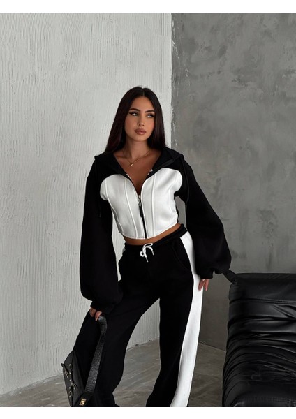 Kadın Üç Iplik %100 Pamuk Oversize Eşofman Takımı - Şardonlu Korse ve Şerit Detaylı Rahat Kesim fırsatları