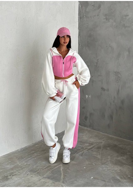 Kadın Üç Iplik %100 Pamuk Oversize Eşofman Takımı - Şardonlu Korse ve Şerit Detaylı Rahat Kesim