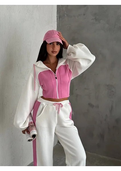 Kadın Üç Iplik %100 Pamuk Oversize Eşofman Takımı - Şardonlu Korse ve Şerit Detaylı Rahat Kesim fırsatları