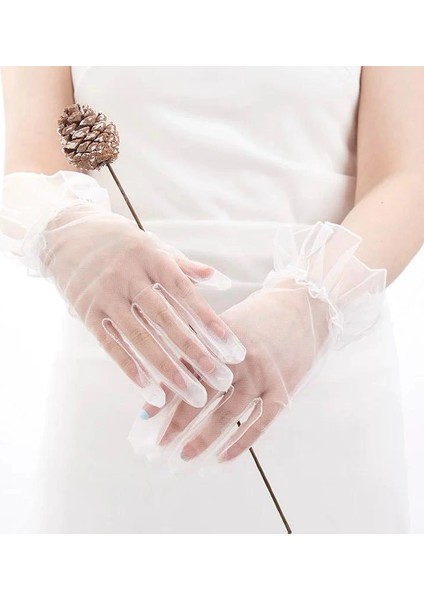 Kısa Boy Likralı Güpürlü Yetişkin Tül Eldiven Beyaz Renk modelleri